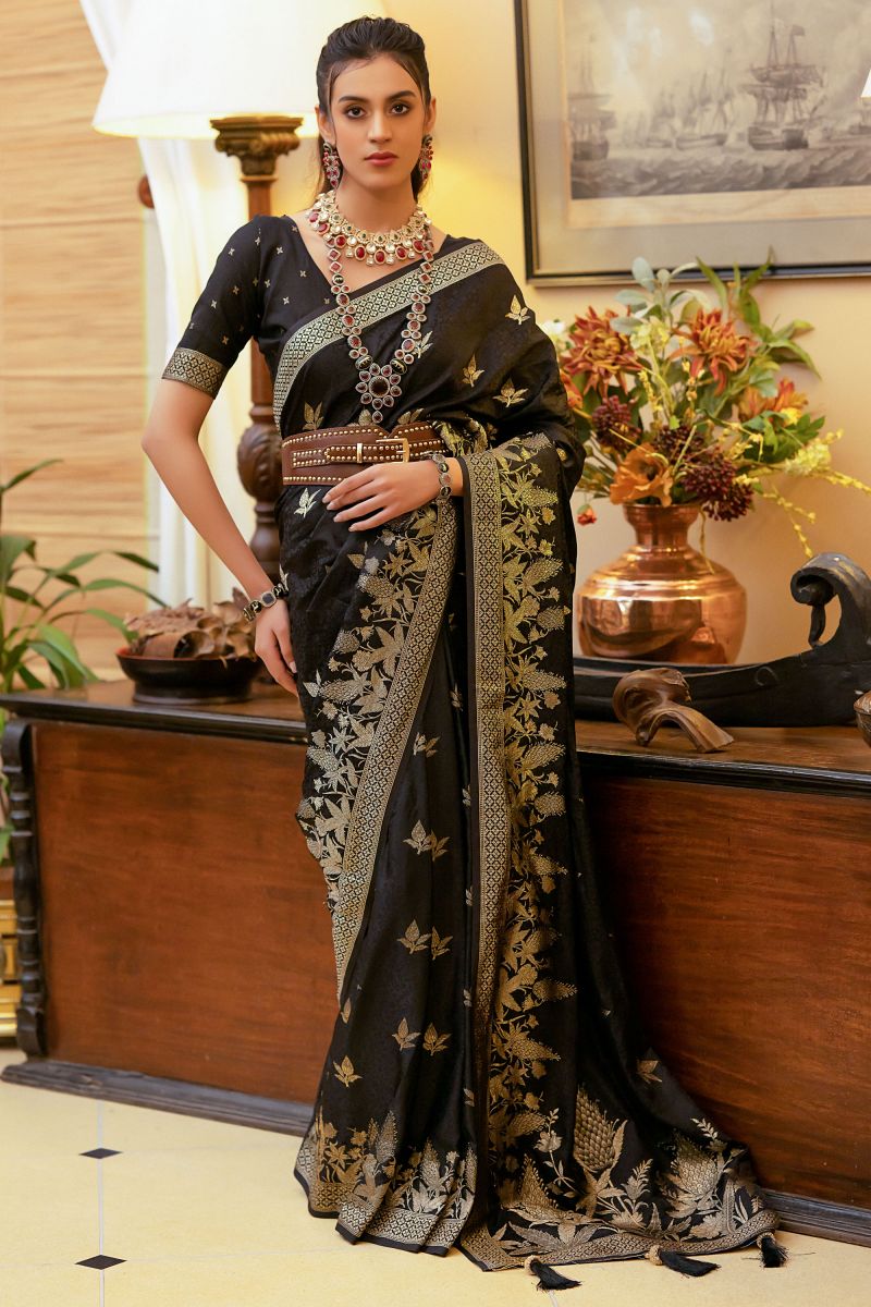 Satin Silk Black Color Saree With Winsome Weaving Work