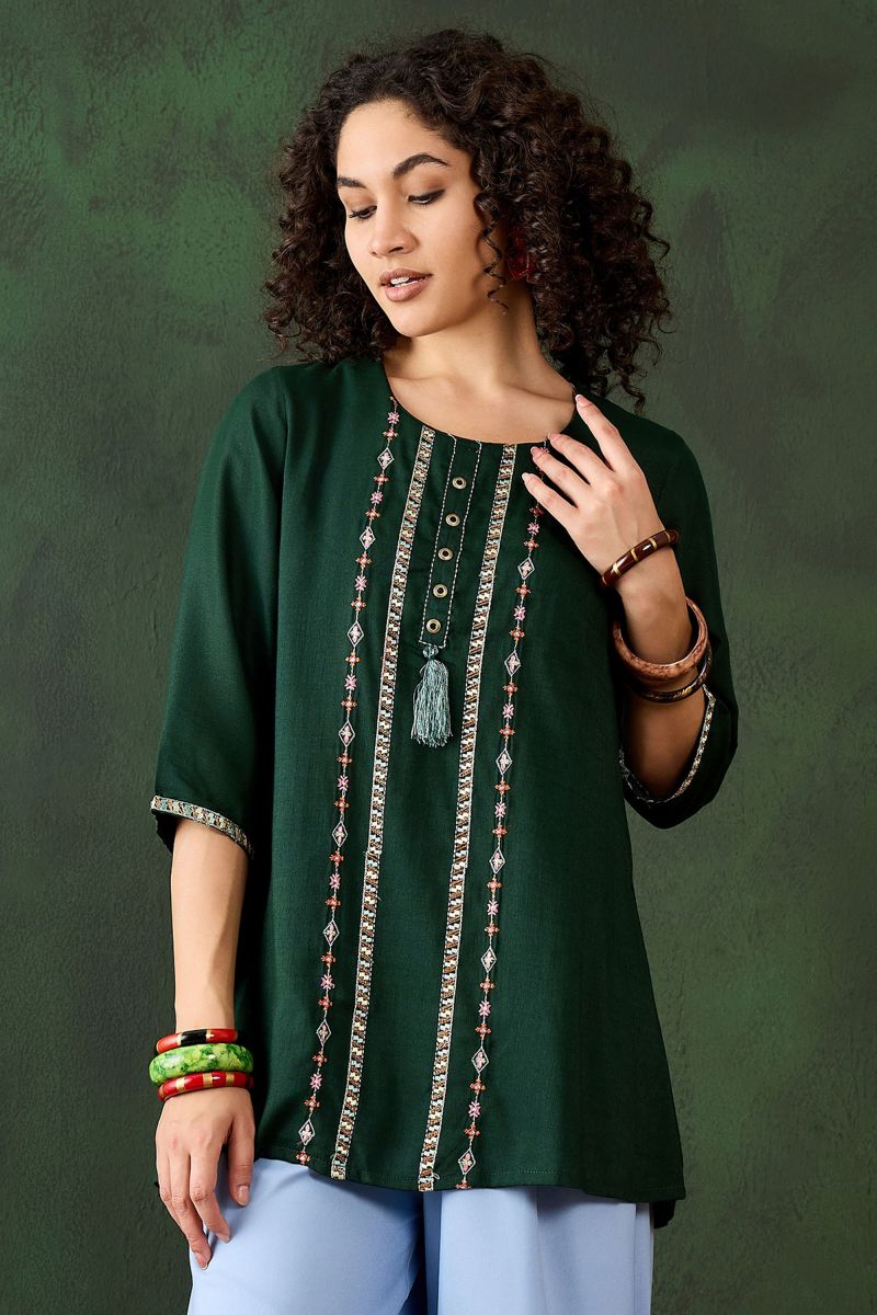 Embroidered Work On Green Color Rayon Short Kurti