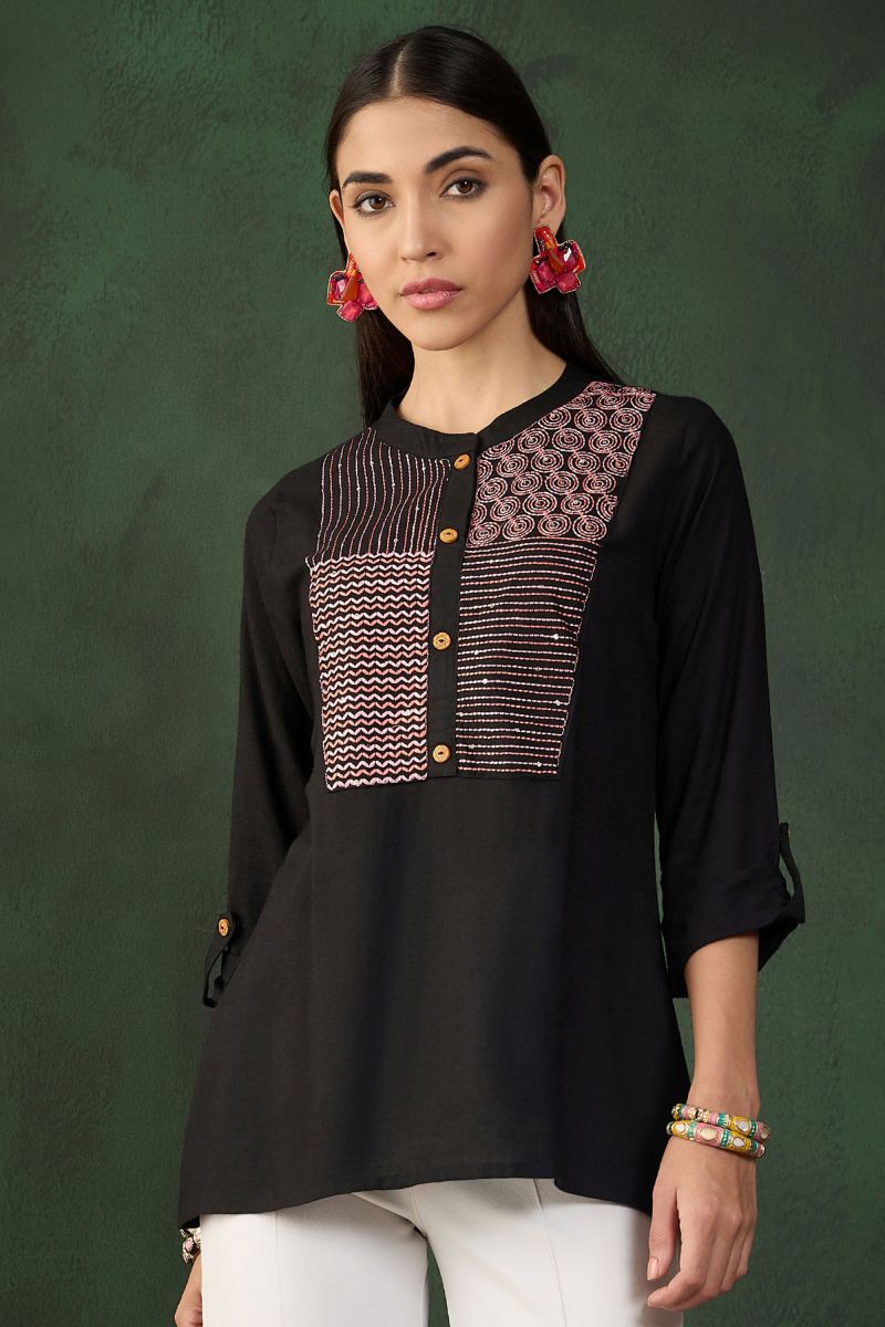 Embroidered Work On Rayon Black Color Short Kurti