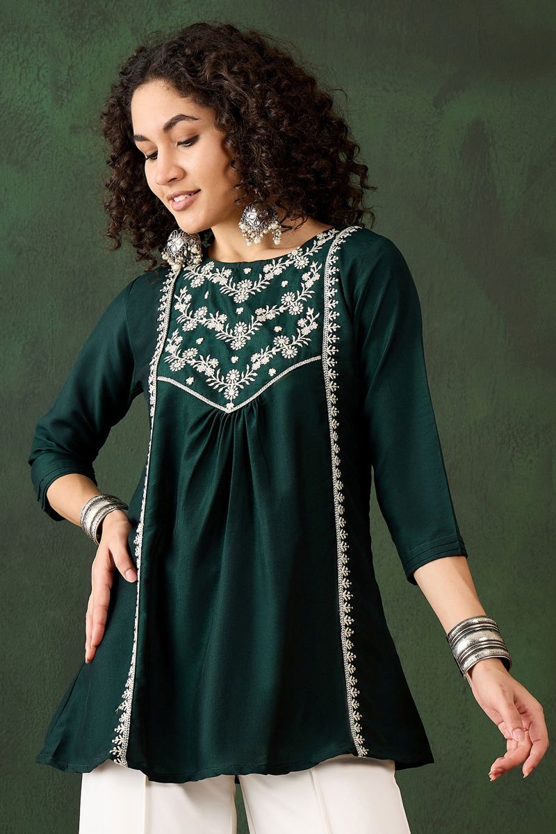 Rayon Dark Green Color Short Kurti With Embroidered Work