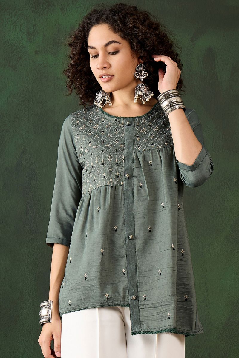 Olive Green Color Rayon Short Kurti With Embroidered Work