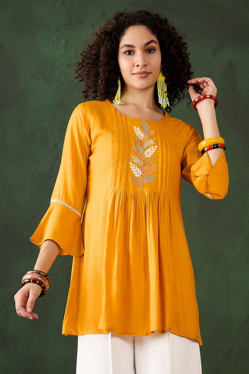 Embroidered Work On Mustard Color Short Kurti In Rayon Fabric