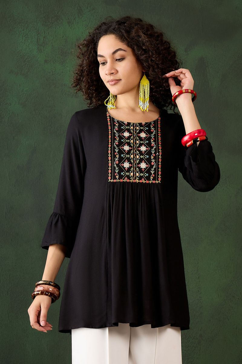 Rayon Black Color Short Kurti With Winsome Embroidered Work