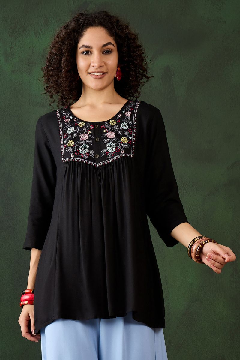 Embroidered Work On Rayon Short Kurti In Black Color