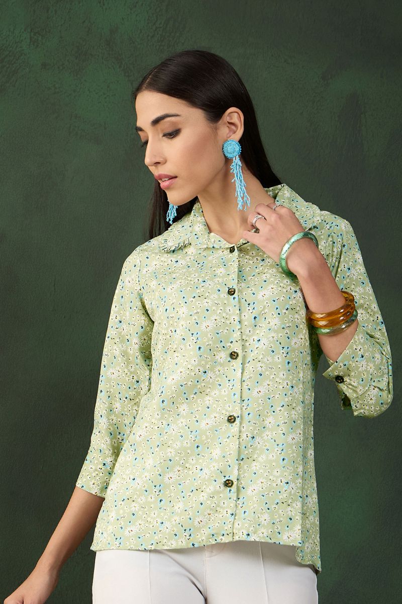 Green Color Rayon Short Kurti With Embroidered Work