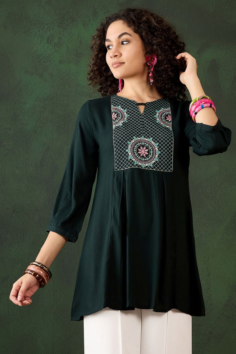 Embroidered Work Green Color Rayon Beauteous Short Kurti