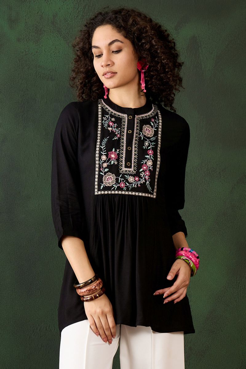 Black Color Embroidered Work On Rayon Beatific Short Kurti