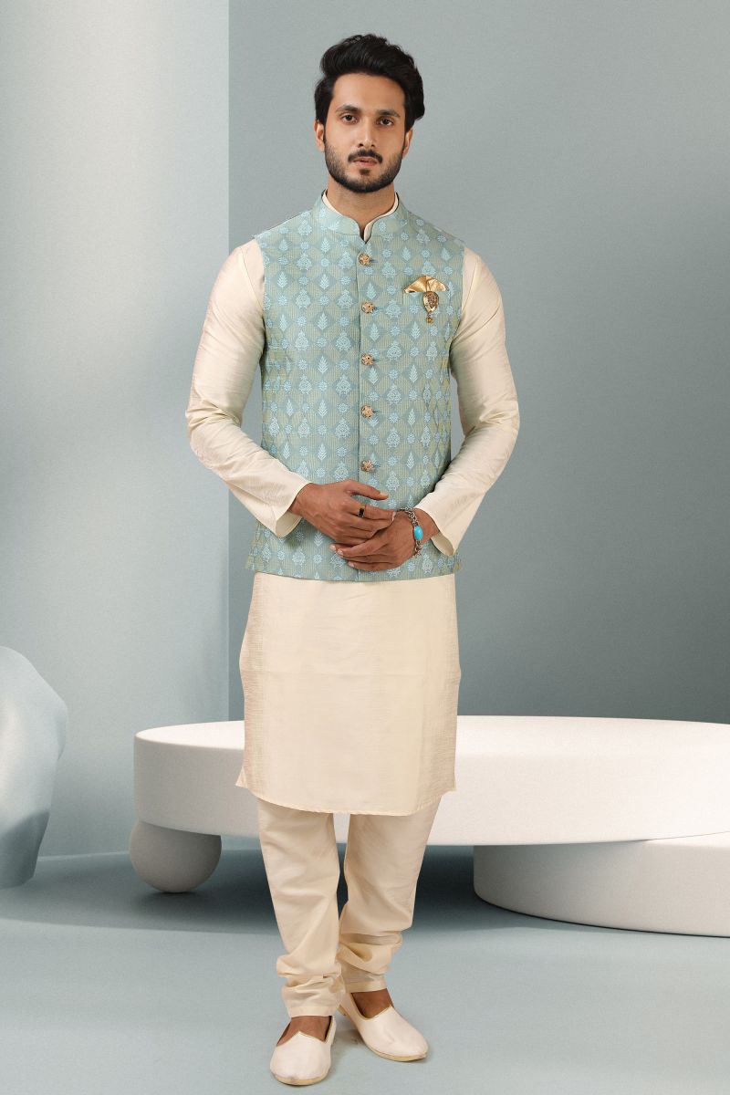 Sangeet Wear Lovely Banarasi Silk Fabric Readymade Kurta Pyjama For Men With 3 Pcs Jacket Set