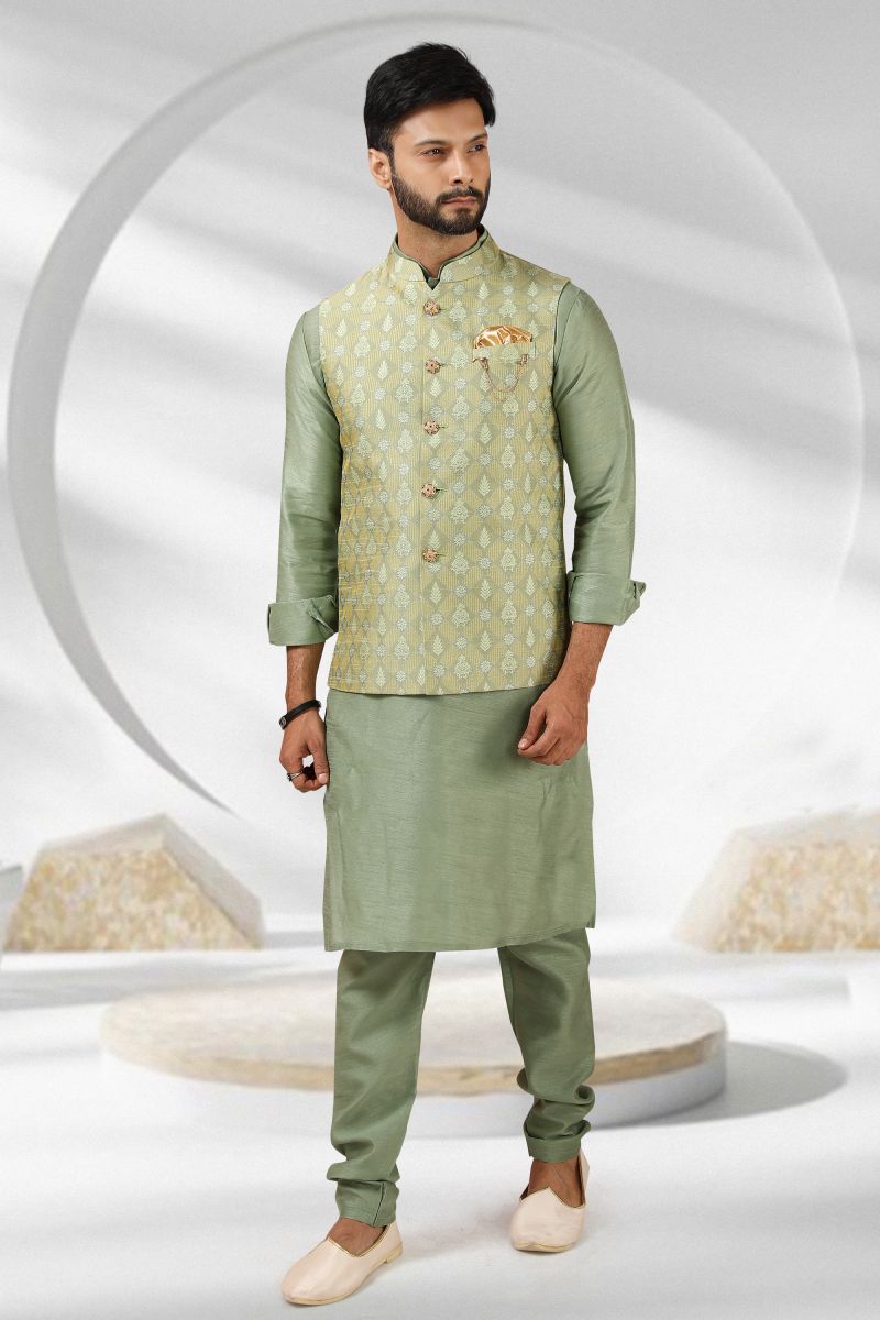 Sea Green Color Banarasi Silk Fabric Wedding Wear Readymade Kurta Pyjama For Men With 3 Pcs Jacket Set