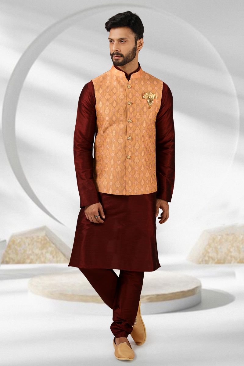 Reception Wear Readymade Maroon Color Banarasi Silk Fabric Beautiful Kurta Pyjama For Men With 3 Pcs Jacket Set