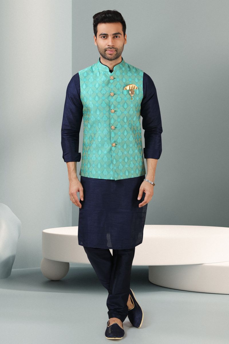 Navy Blue Color Banarasi Silk Fabric Readymade Men Kurta With Jacket Set