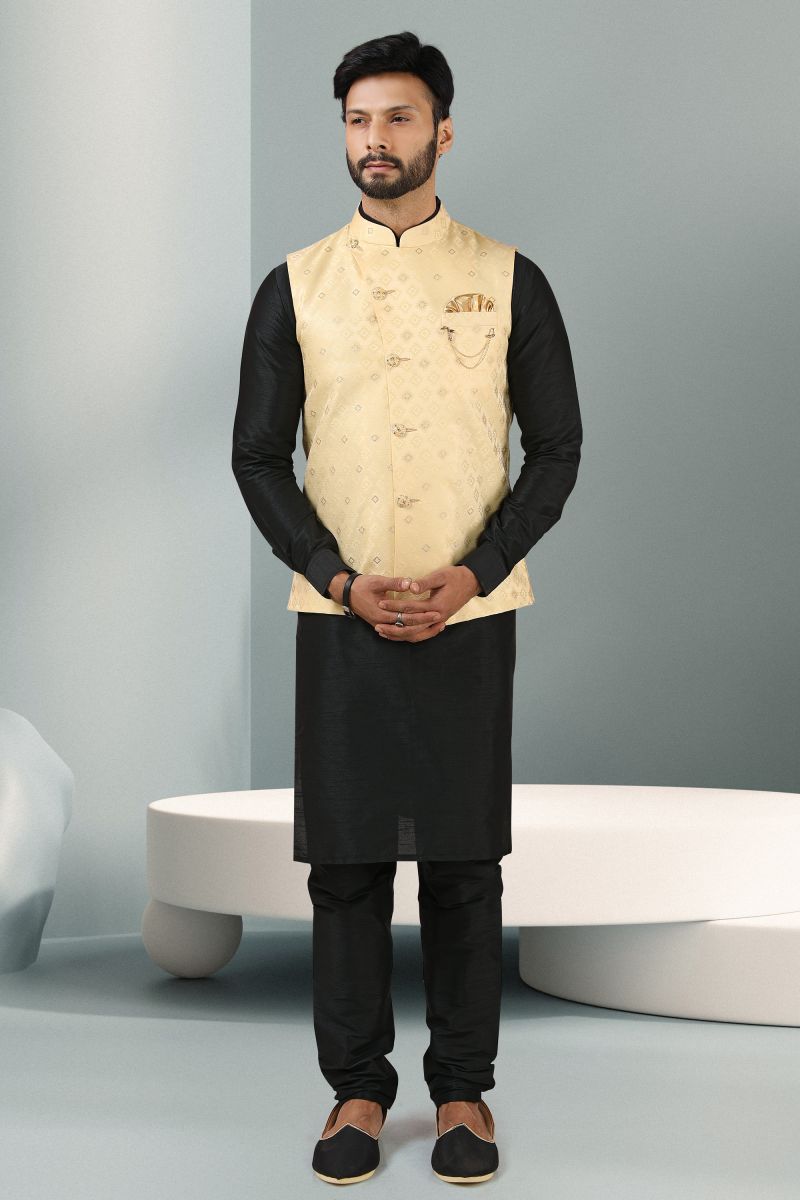 Banarasi Silk Black Color Readymade Ethnic Men Kurta Pyjama And Nehru Jacket