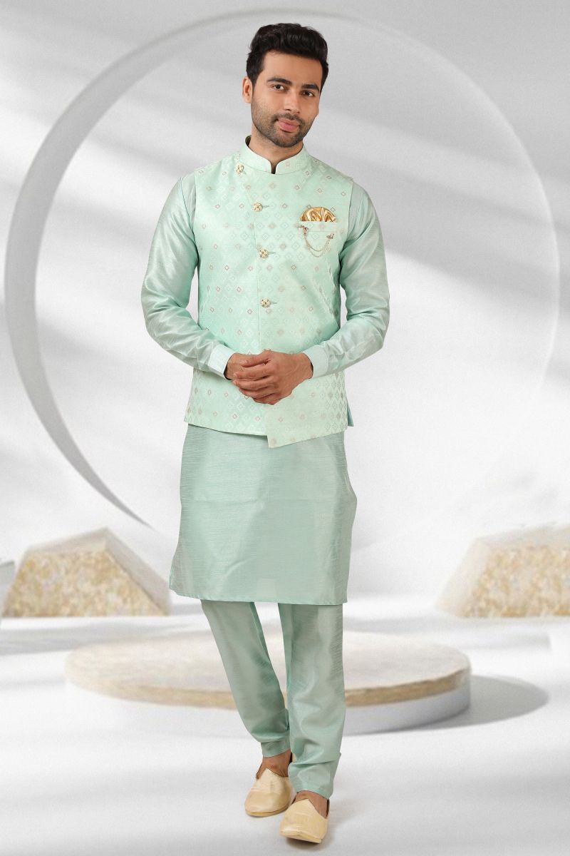 Sea Green Color Banarasi Silk Fabric Designer Readymade Kurta Pyjama With Jacket