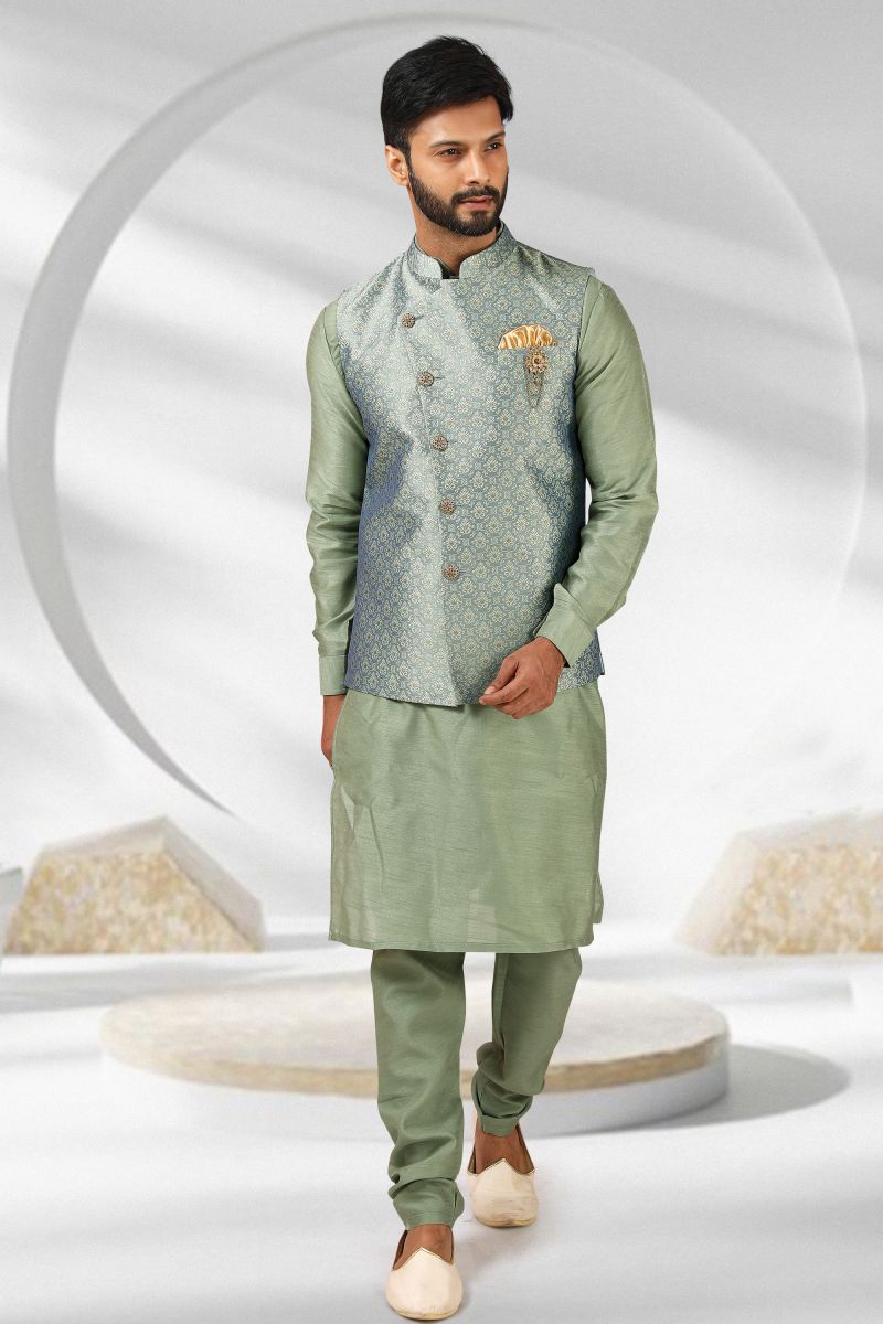 Sea Green Banarasi Silk Fabric Sangeet Wear Trendy Readymade Kurta Pyjama For Men With Jacket