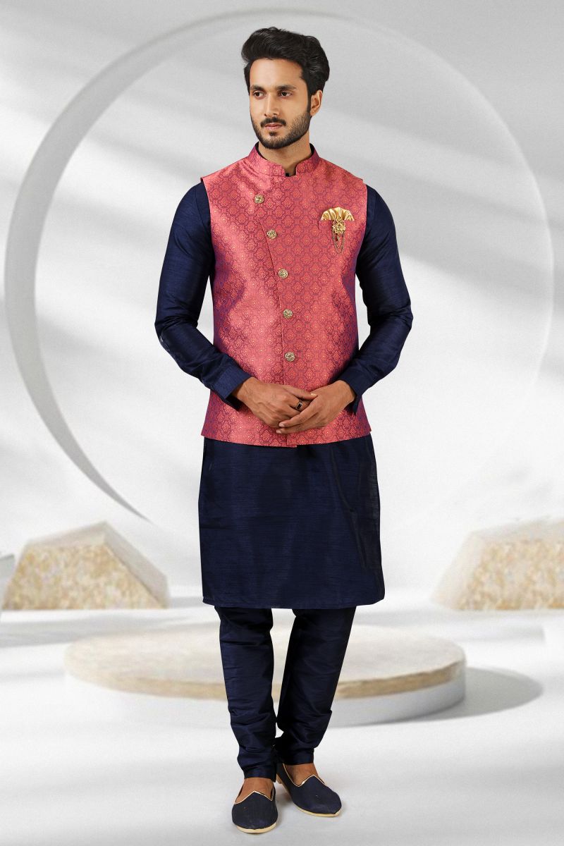 Navy Blue Gorgeous Banarasi Silk Fabric Reception Wear Readymade Kurta Pyjama For Men With Jacket