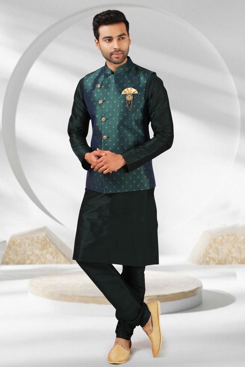 Dark Green Pretty Banarasi Silk Fabric Sangeet Wear Readymade Men Kurta Pyjama With Jacket