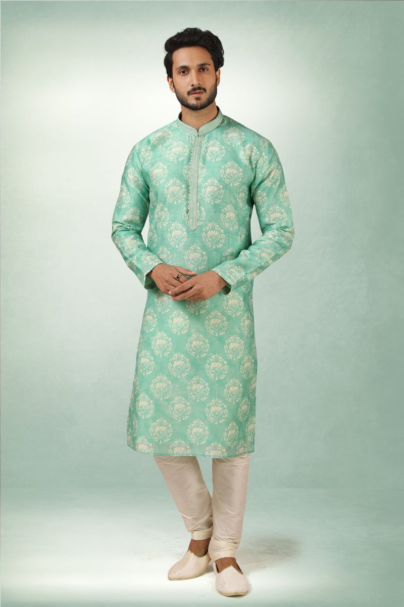 Printed Sangeet Wear Readymade Kurta Pyjama For Men In Art Silk Sea Green Color