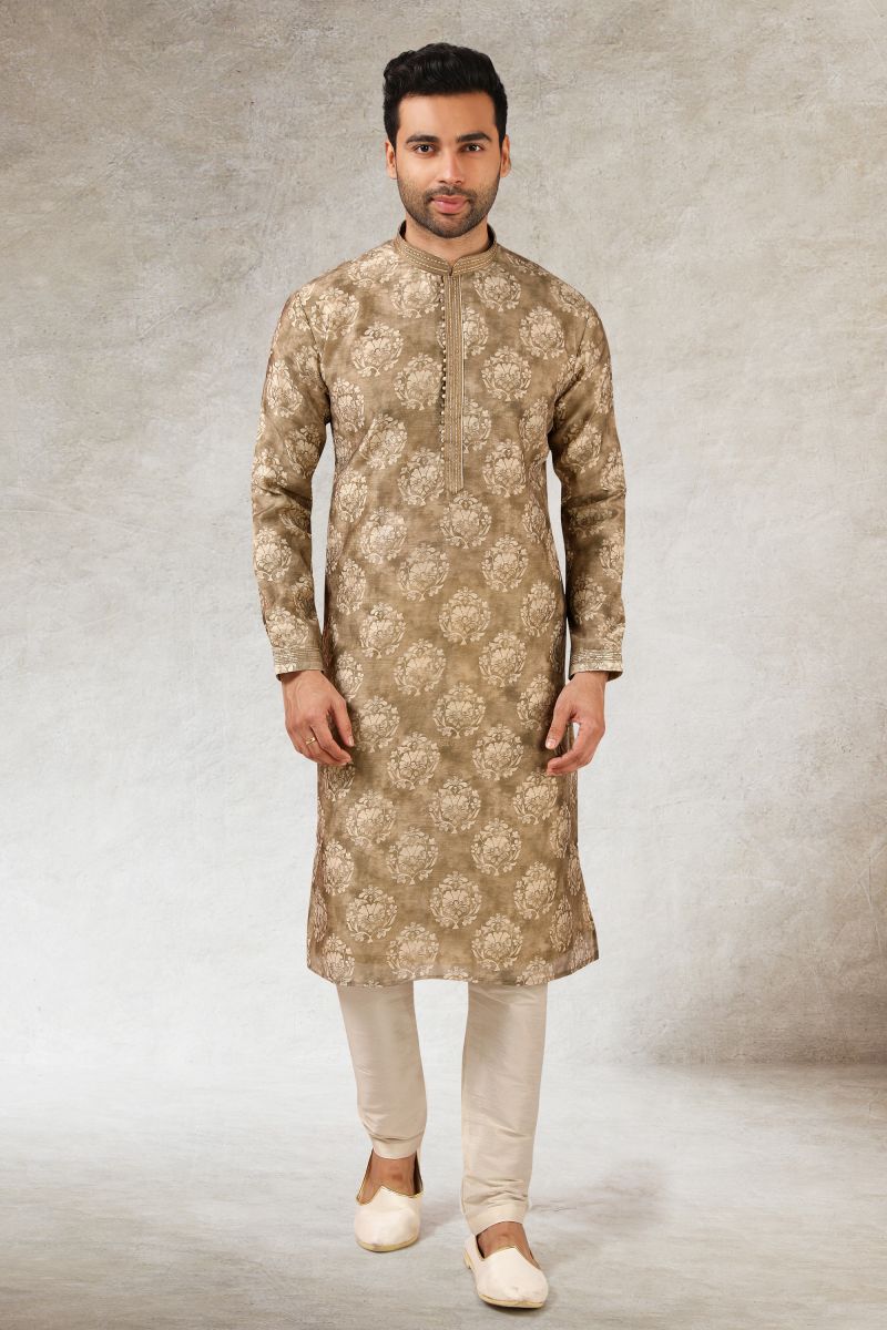 Dark Beige Color Printed Art Silk Fabric Function Wear Fancy Readymade Kurta Pyjama For Men