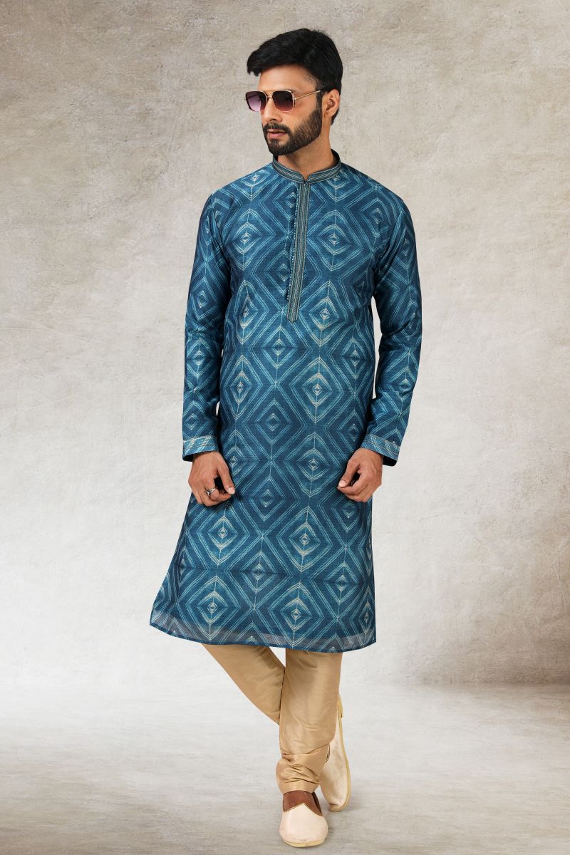 Blue Color Printed Engaging Art Silk Fabric Festive Wear Readymade Kurta Pyjama For Men