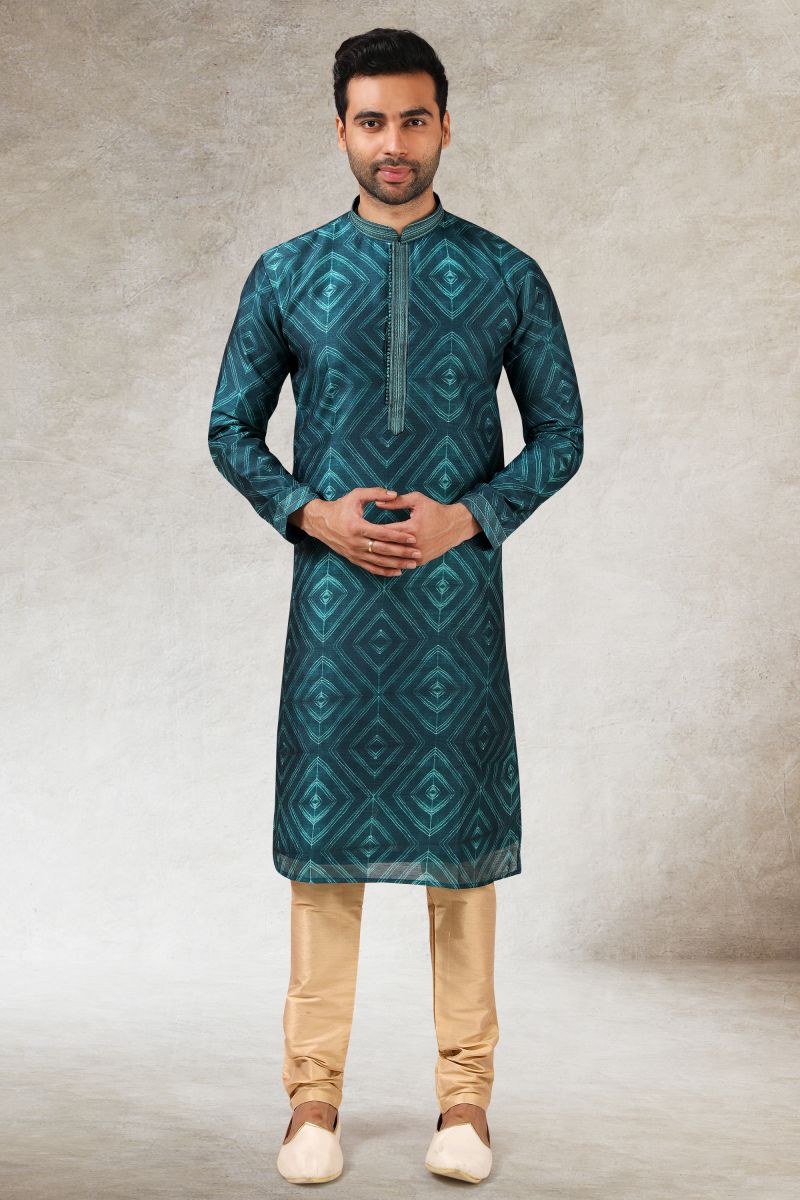 Teal Art Silk Fabric Sangeet Wear Printed Readymade Kurta Pyjama For Men