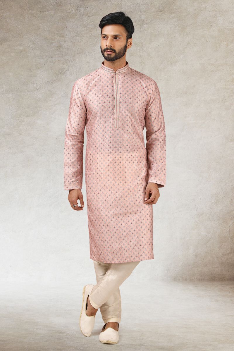 Pink Color Festive Wear Printed Readymade Kurta Pyjama For Men