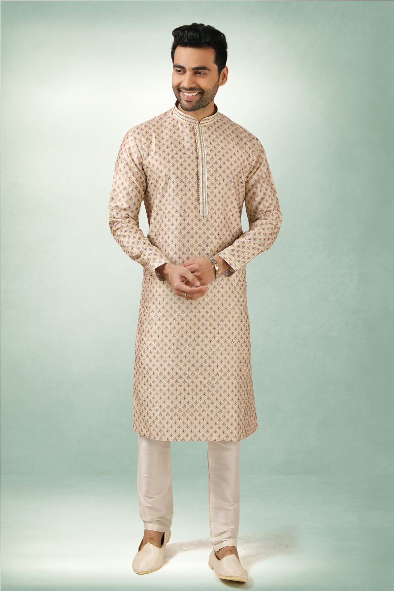 Printed Beige Color Sangeet Wear Pretty Readymade Kurta Pyjama For Men In Art Silk Fabric