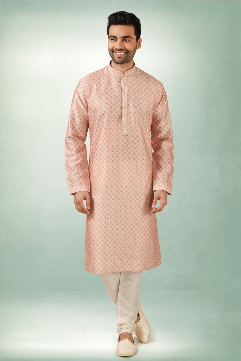 Printed Art Silk Fabric Wedding Wear Readymade Kurta Pyjama For Men In Pink Color