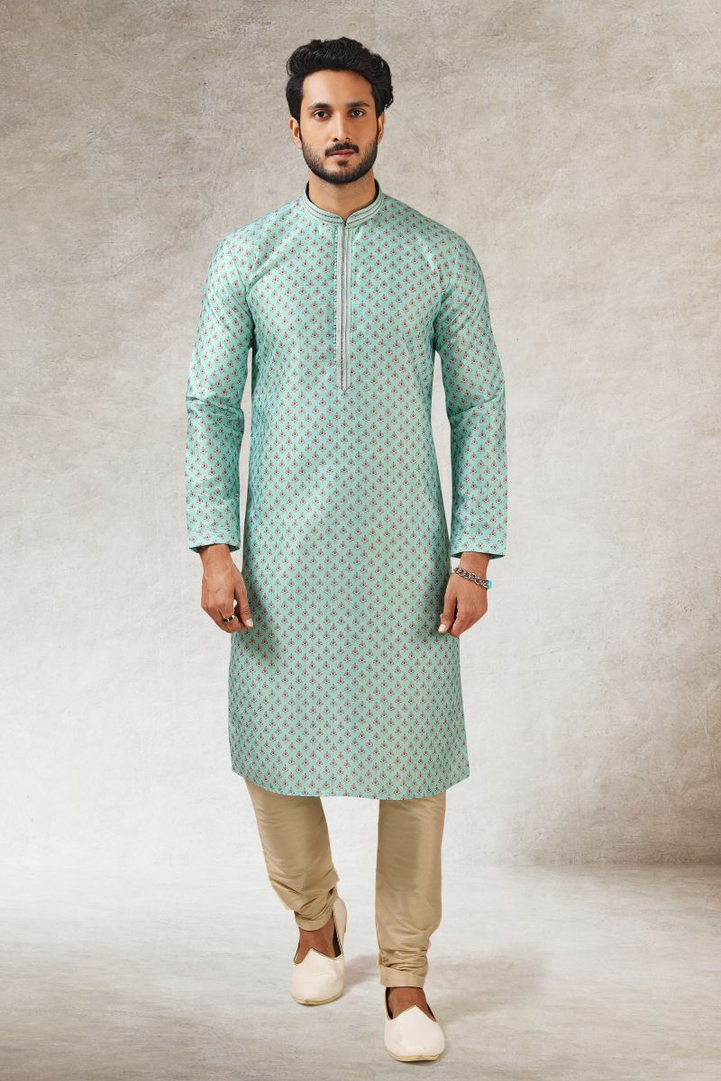 Reception Wear Attractive Printed Readymade Kurta Pyjama For Men In Light Cyan Color Art Silk Fabric