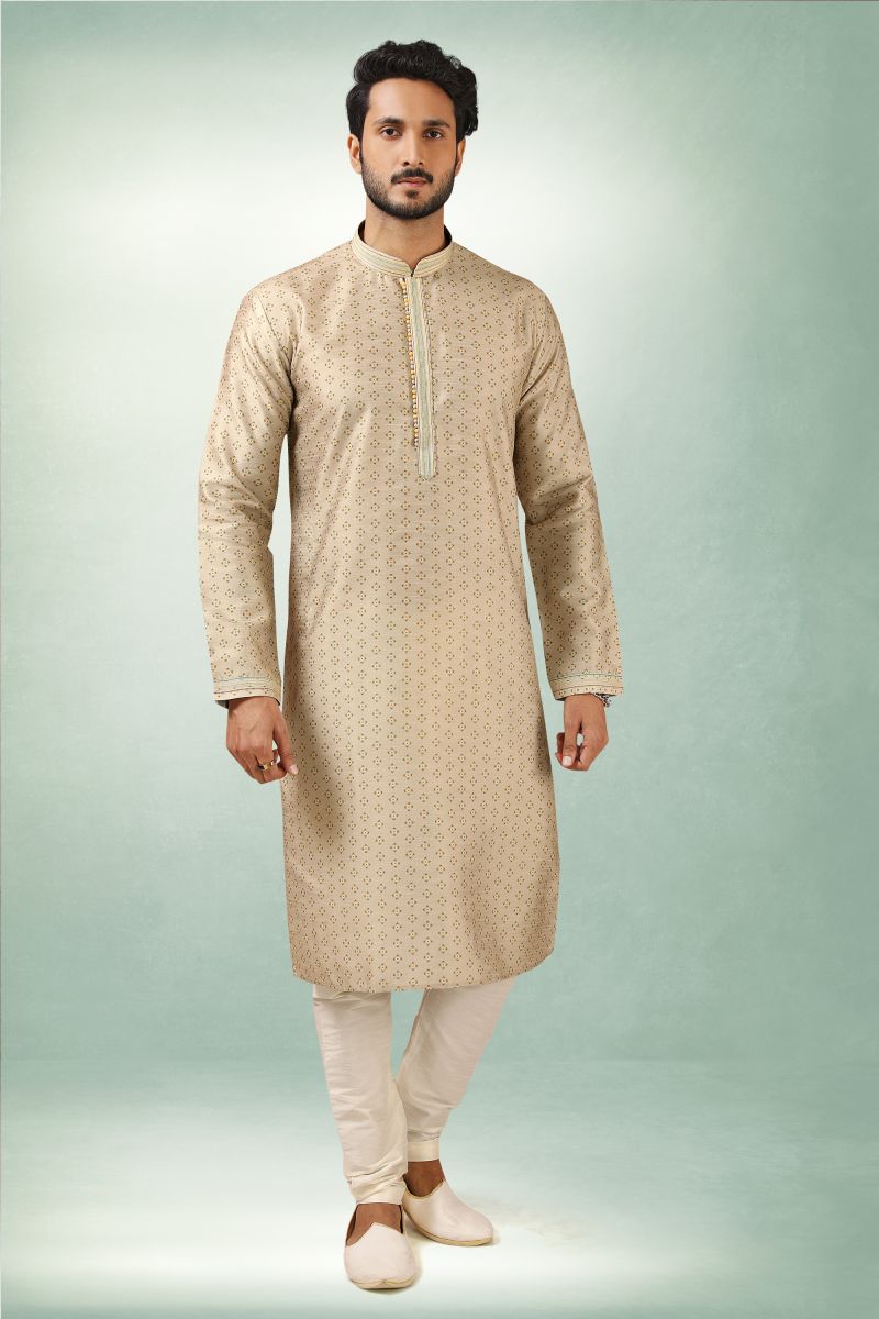 Printed Fancy Beige Color Art Silk Fabric Function Wear Readymade Kurta Pyjama For Men