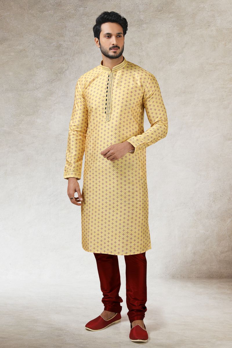 Art Silk Fabric Printed Yellow Color Festive Wear Readymade Men Stylish Kurta Pyjama