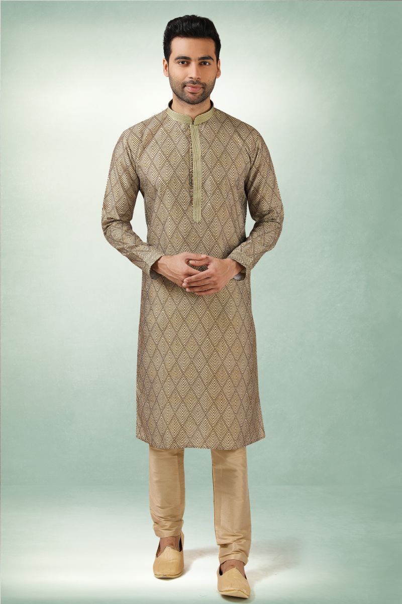 Brown Color Printed Gorgeous Art Silk Fabric Reception Wear Readymade Kurta Pyjama For Men