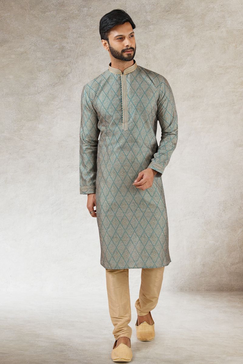 Teal Color Festive Wear Readymade Lovely Printed Kurta Pyjama For Men