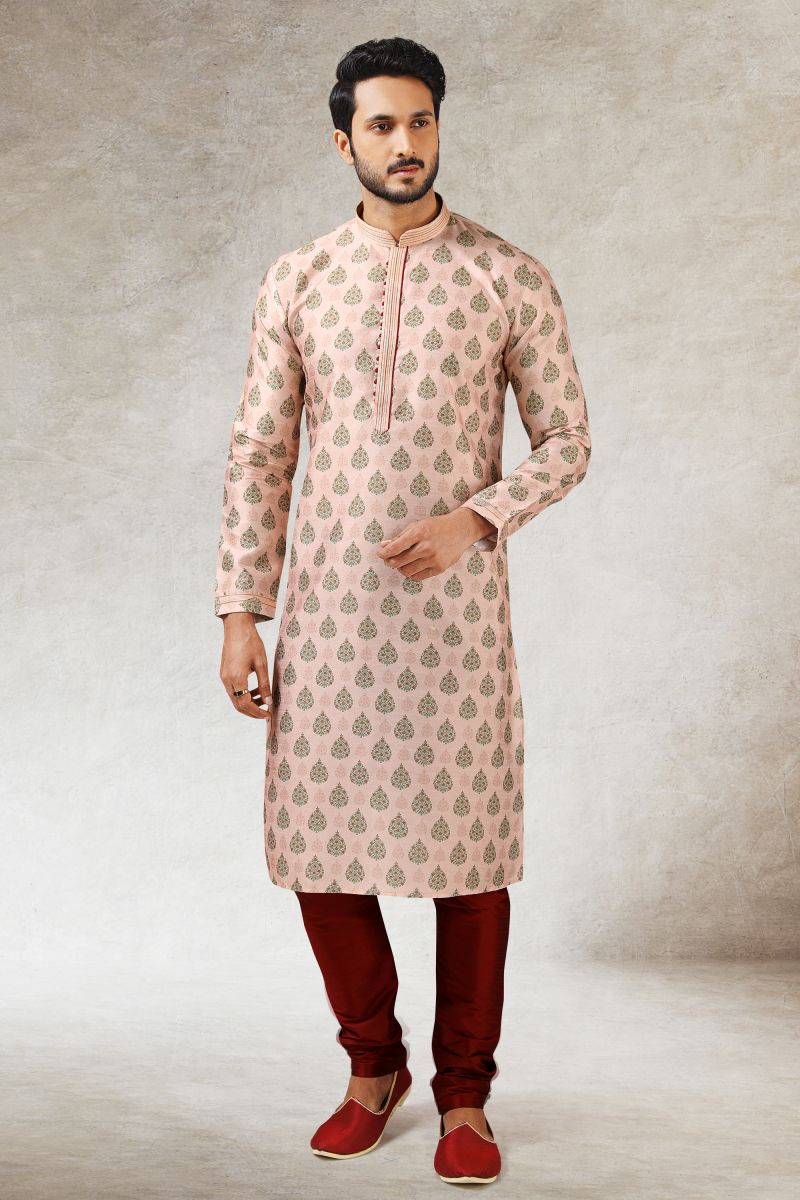 Printed Peach Color Wedding Wear Readymade Kurta Pyjama For Men In Art Silk Fabric