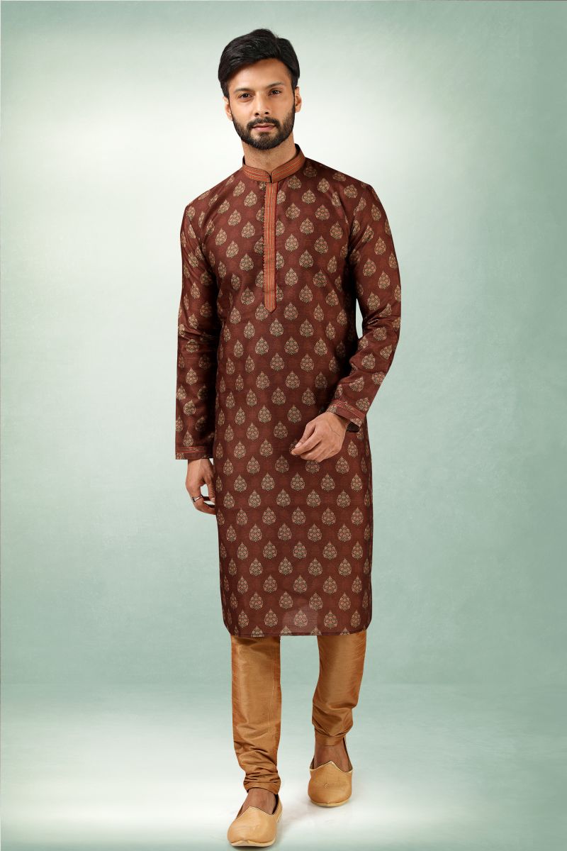 Brown Color Function Wear Readymade Glamorous Printed Kurta Pyjama For Men In Art Silk Fabric