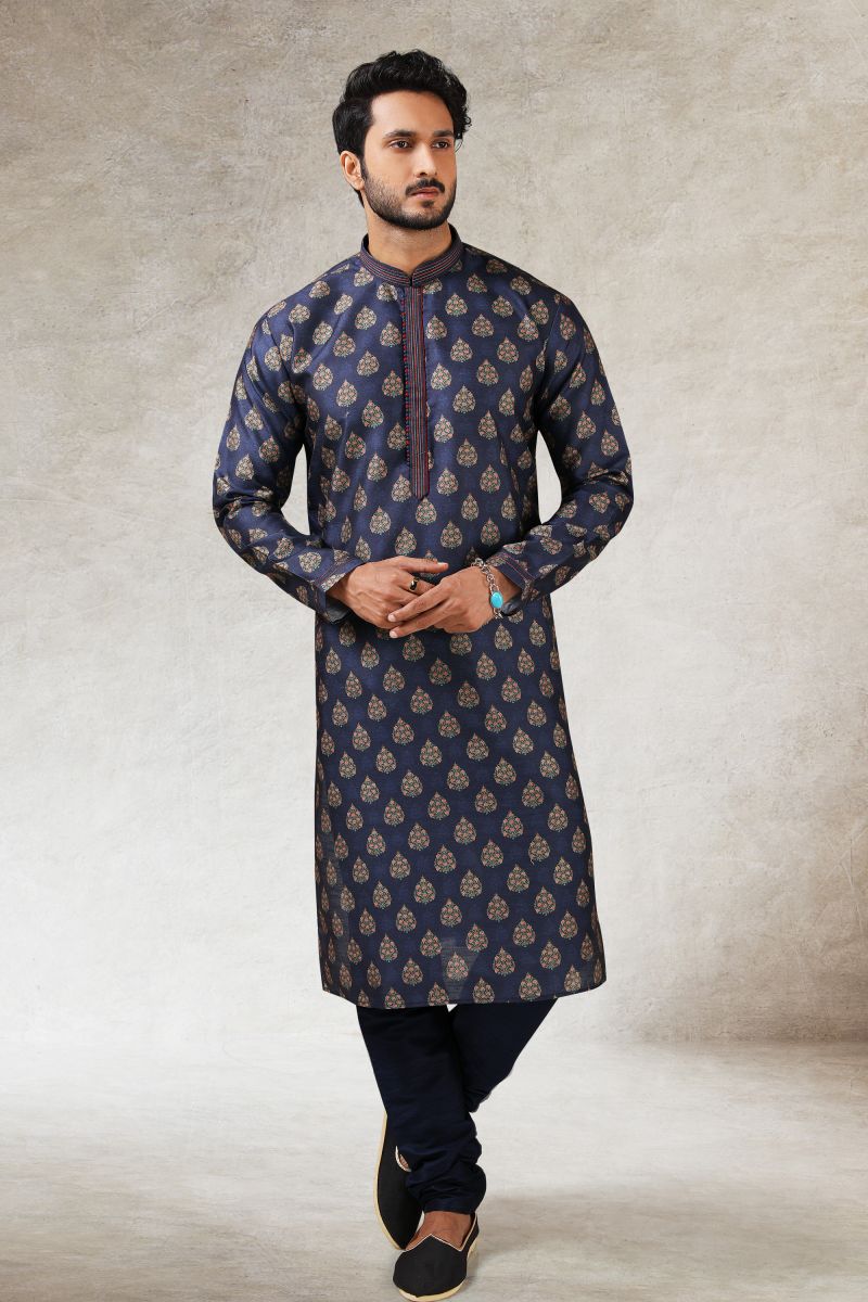 Printed Navy Blue Art Silk Graceful Readymade Men Kurta Pyjama For Festive Wear