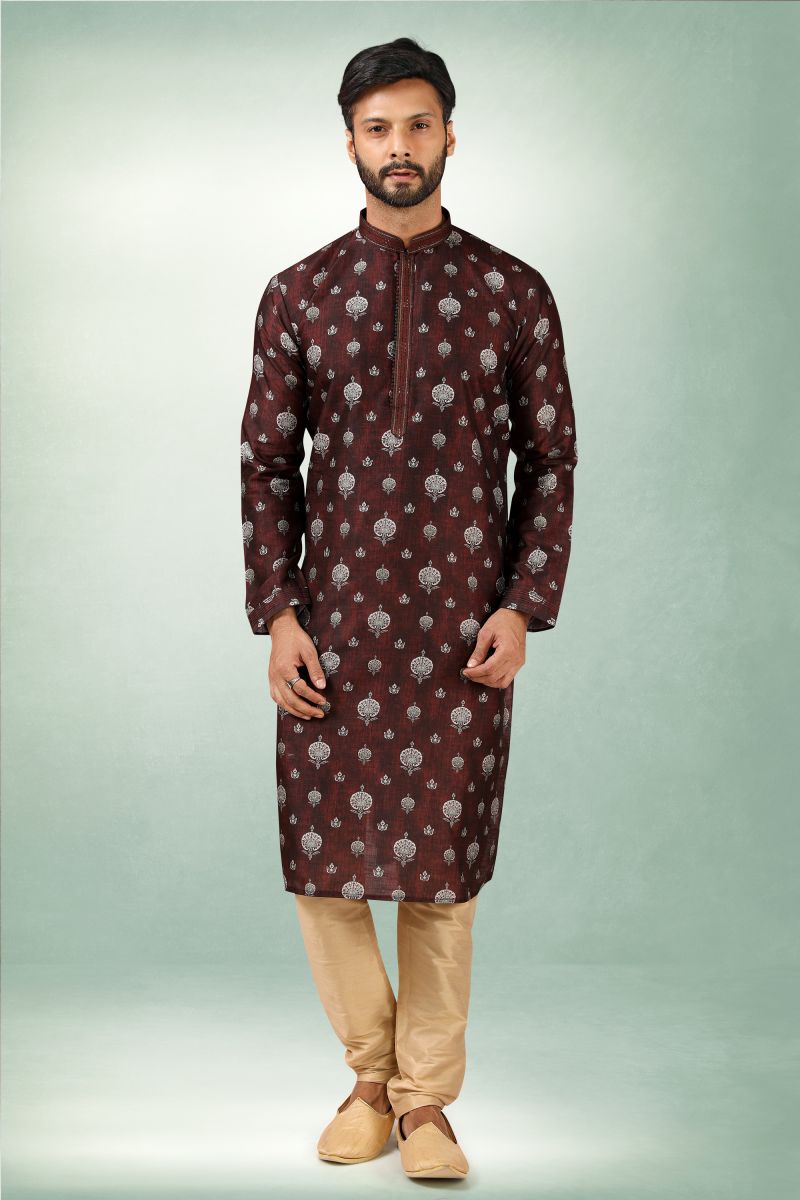 Printed Brown Color Reception Wear Readymade Art Silk Fabric Kurta Pyjama For Men