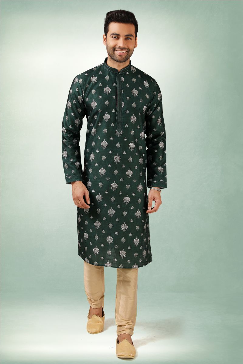 Art Silk Fabric Printed Function Wear Readymade Dark Green Color Kurta Pyjama For Men