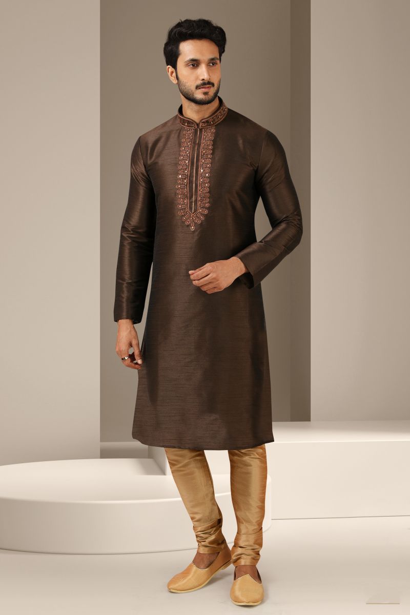 Brown Color Festive Wear Readymade Kurta Pyjama For Men