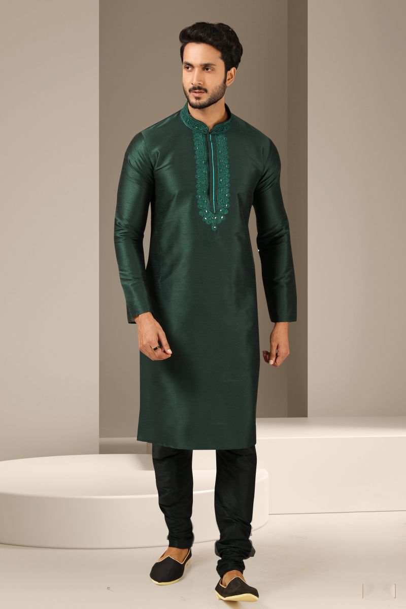 Dark Green Color Sangeet Wear Pretty Readymade Kurta Pyjama For Men In Banarasi Art Silk Fabric