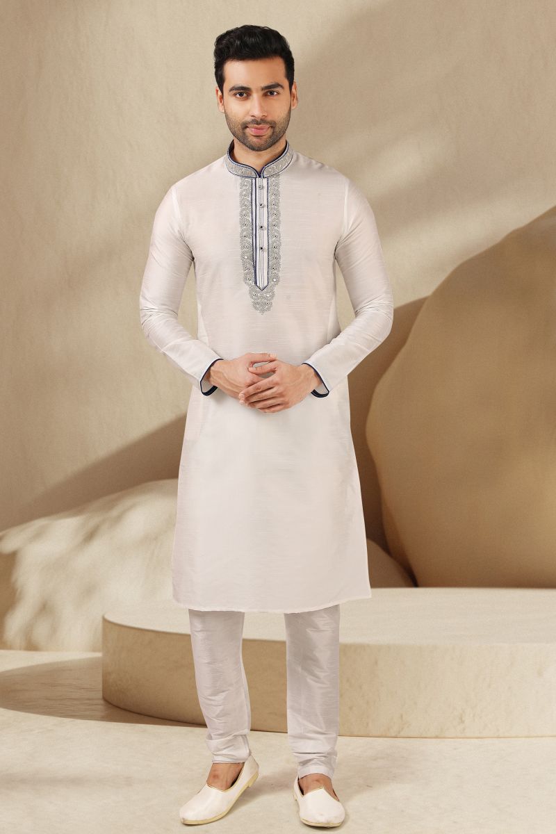 Banarasi Art Silk Wedding Wear Readymade Kurta Pyjama For Men In Off White Color