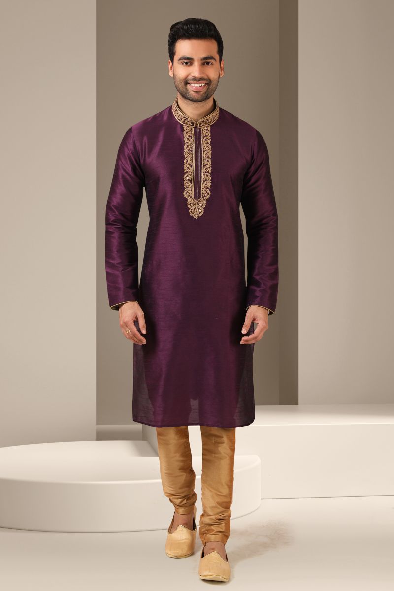 Fancy Purple Color Banarasi Art Silk Function Wear Readymade Kurta Pyjama For Men