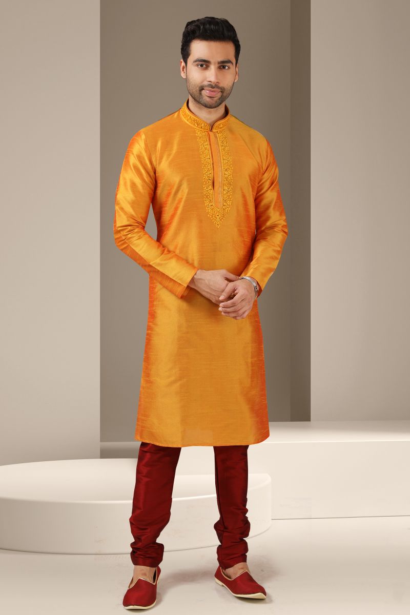 Banarasi Art Silk Orange Color Festive Wear Readymade Men Stylish Kurta Pyjama