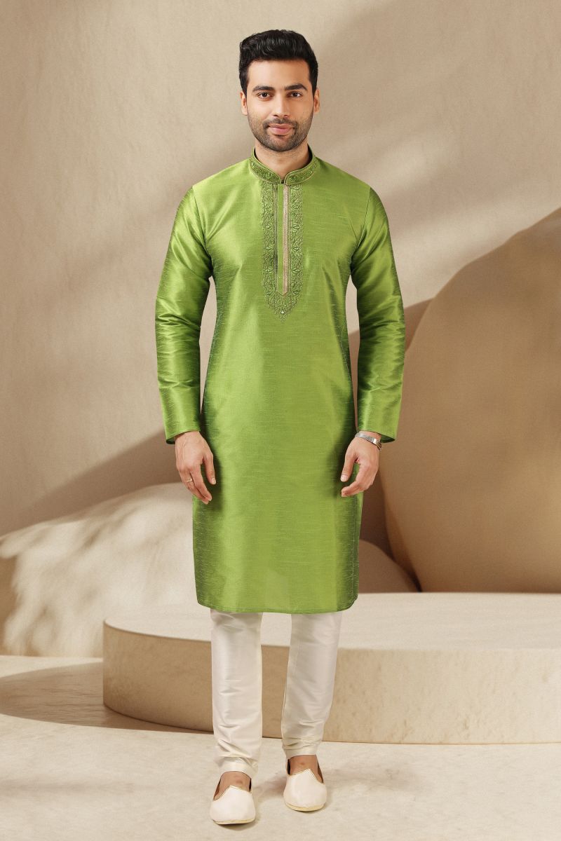 Green Banarasi Art Silk Sangeet Wear Trendy Readymade Kurta Pyjama For Men