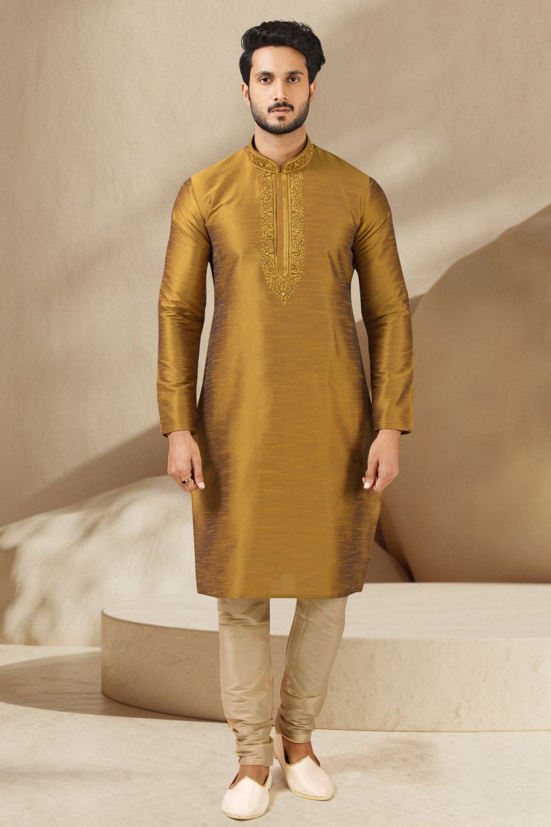 Banarasi Art Silk Golden Color Wedding Wear Readymade Designer Men Kurta Pyjama