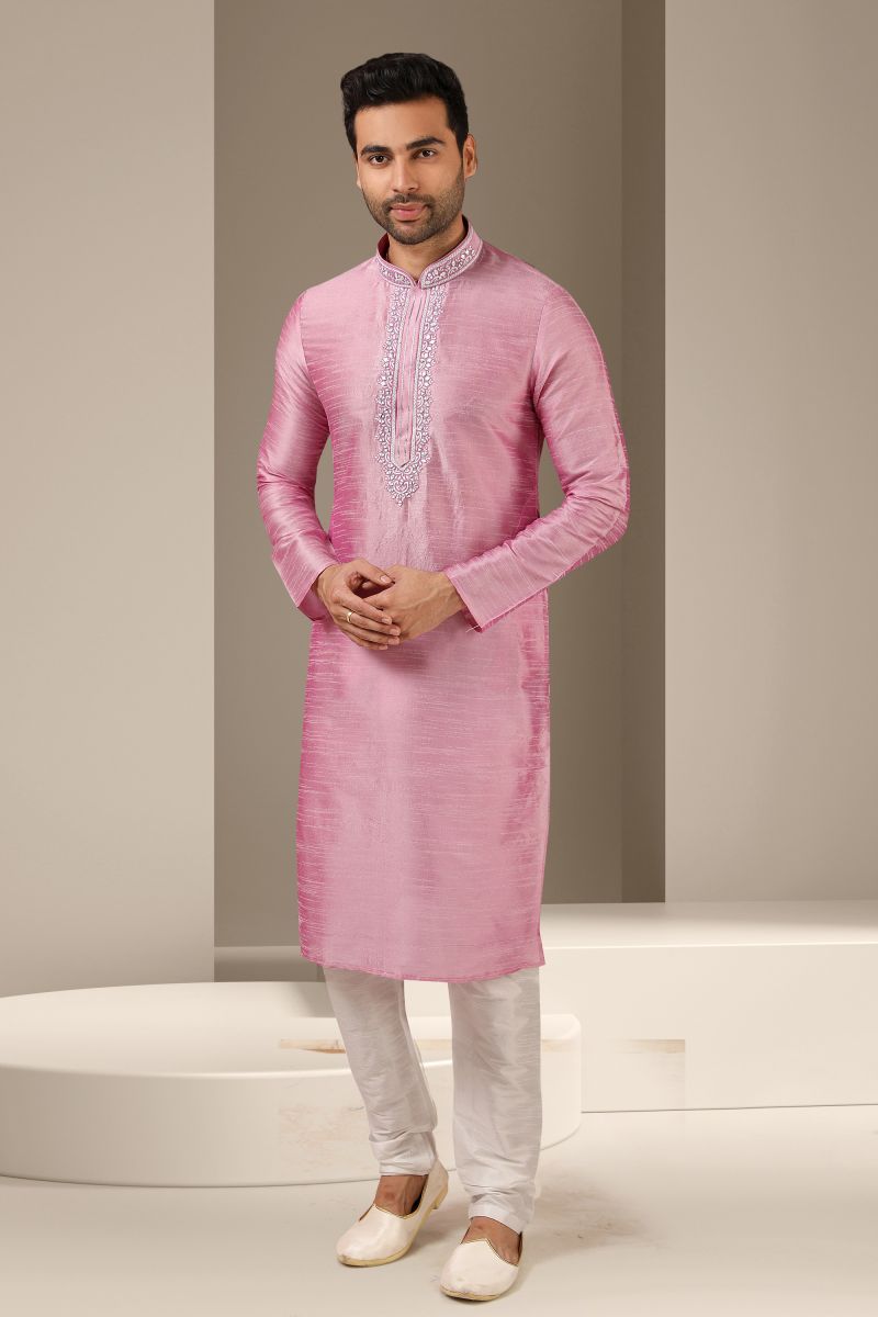 Art Silk Stunning Pink Color Festive Wear Stylish Readymade Men Kurta Pyjama