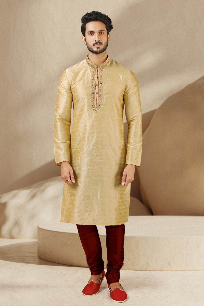 Banarasi Art Silk Sangeet Wear Readymade Men Kurta Pyjama In Golden Color