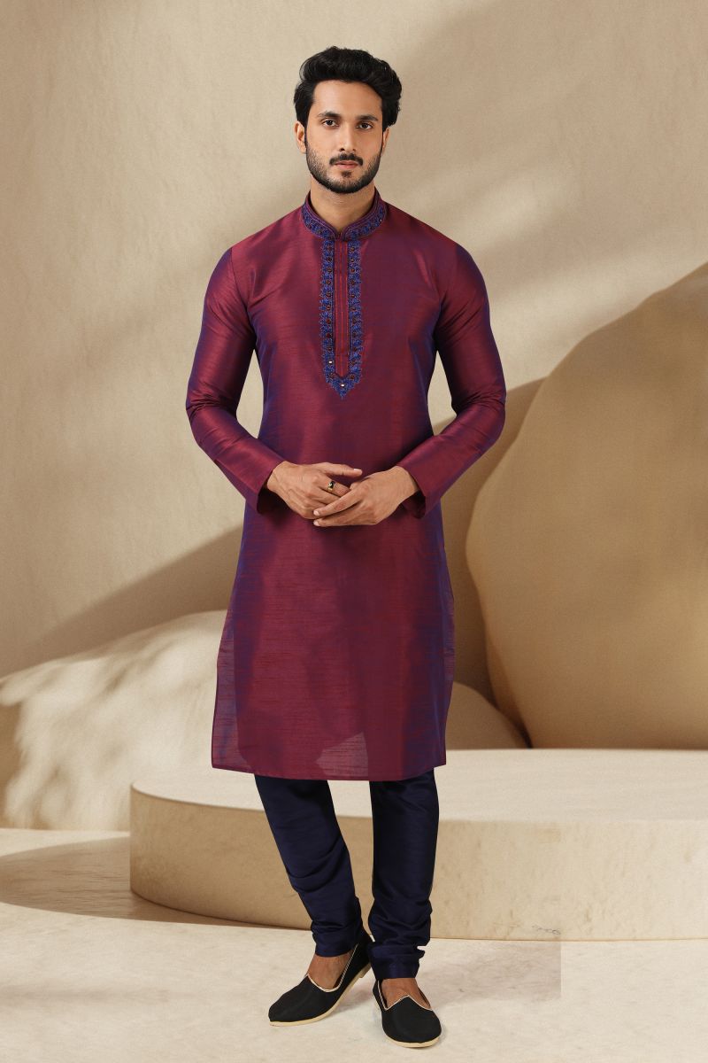 Wine Color Wedding Wear Readymade Kurta Pyjama For Men In Banarasi Art Silk Fabric