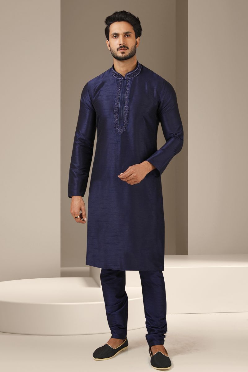 Reception Wear Attractive Readymade Men Kurta Pyjama In Navy Blue Color