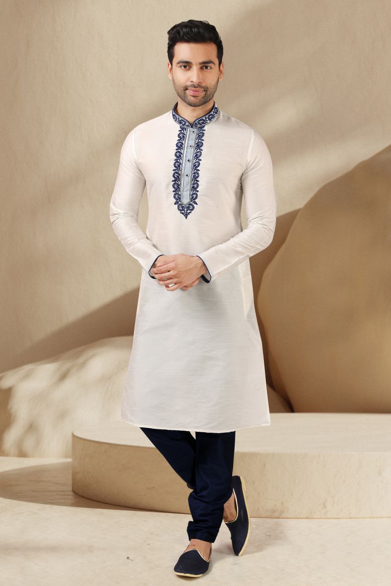 Banarasi Art Silk Artistic Off White Color Readymade Men Kurta Pyjama For Wedding Wear