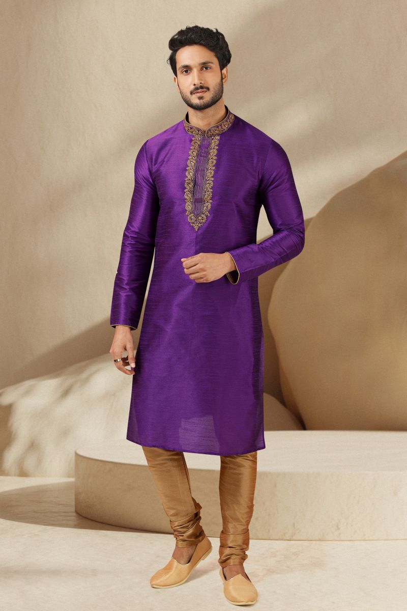 Purple Color Reception Wear Readymade Banarasi Art Silk Kurta Pyjama For Men